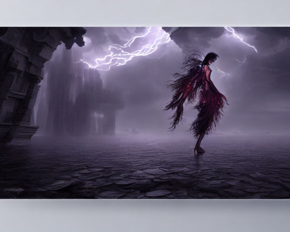Figure with long hair in desolate landscape, lightning, waterfall, and ancient ruins.