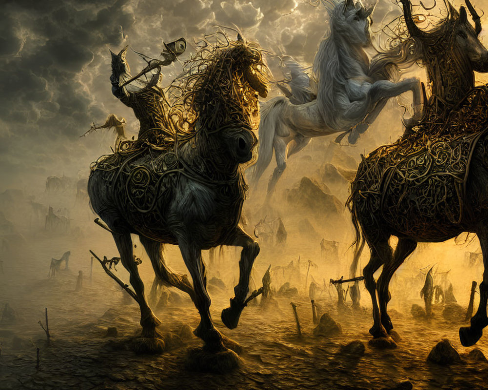 Ornately adorned horses with riders gallop in mystical, war-torn landscape