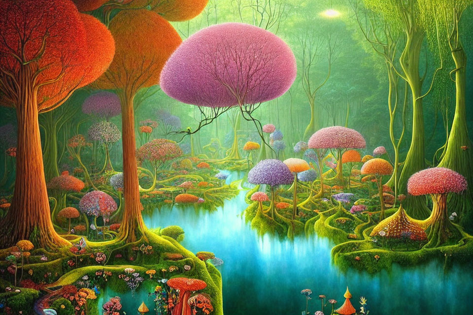 Colorful Mushroom Forest Along Blue River