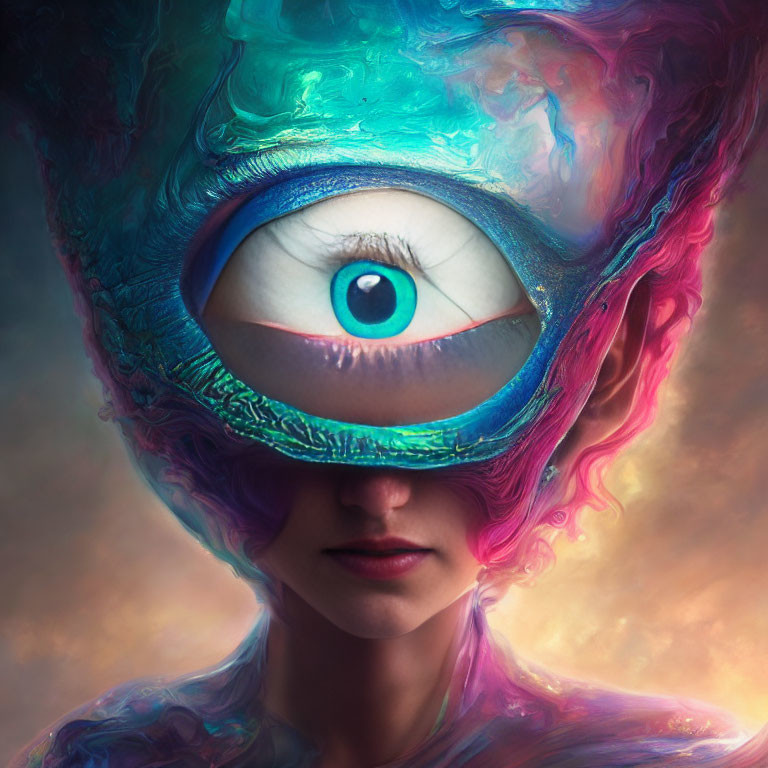 Vibrant surreal portrait with eye-shaped headpiece in blue and pink hues