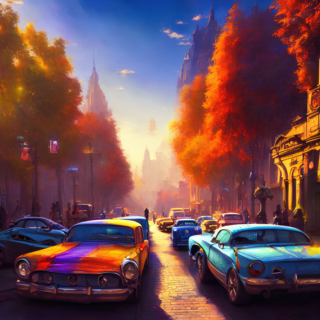 Vibrant street scene: vintage cars, pedestrians, autumn trees, city architecture at sunset