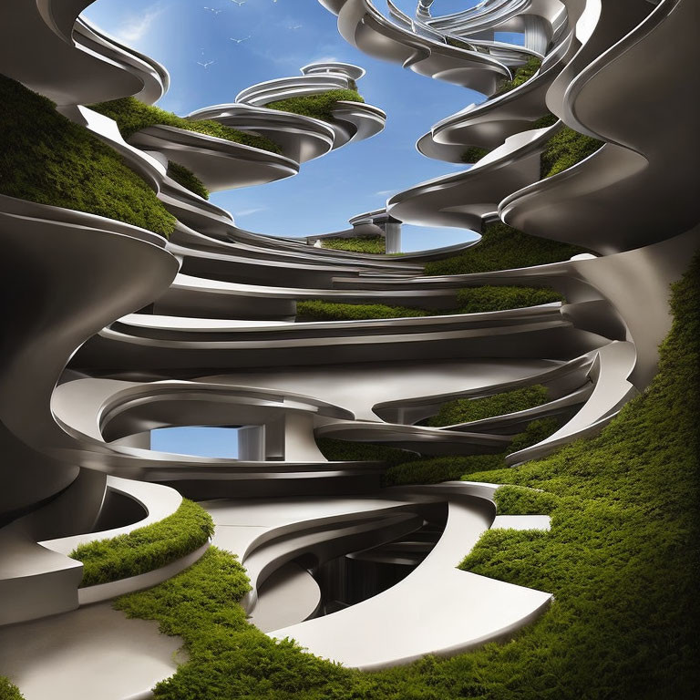 Surreal white curving structures in lush greenery under blue sky