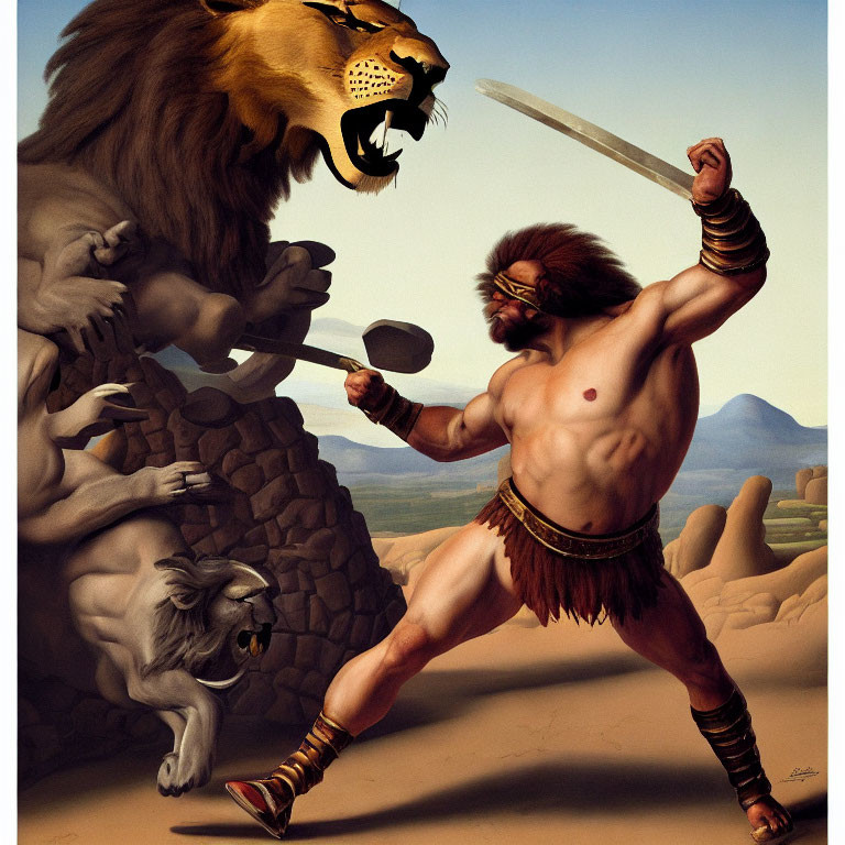 Warrior with lion helmet battles lions in desolate landscape
