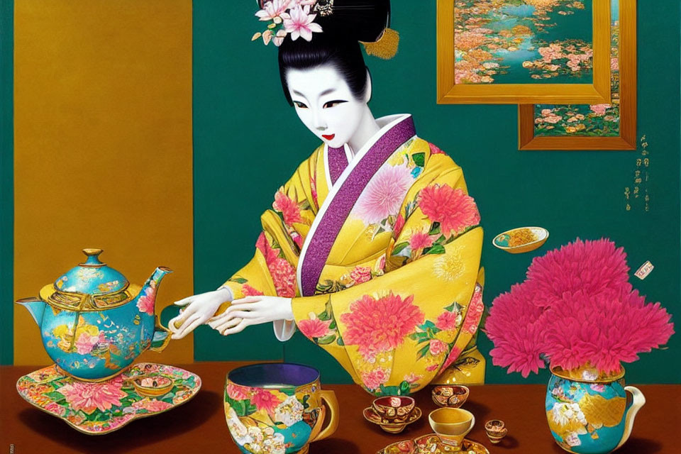 Colorful Geisha Artwork Serving Tea in Yellow Kimono on Green Floral Background