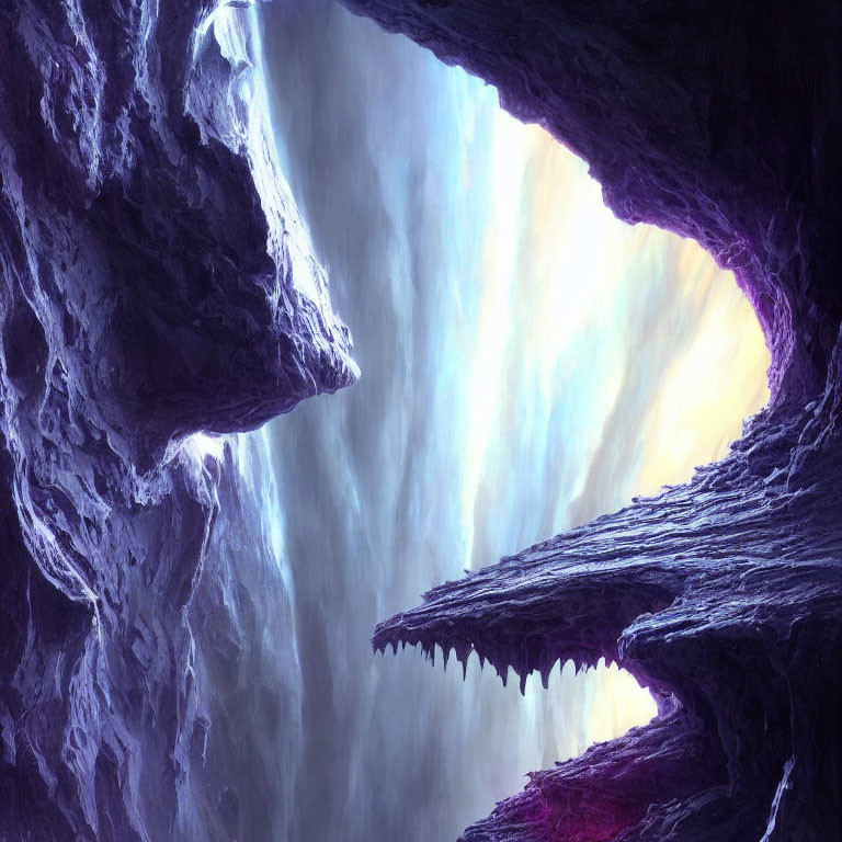 Mystic cave with jagged walls and radiant light in purples and blues