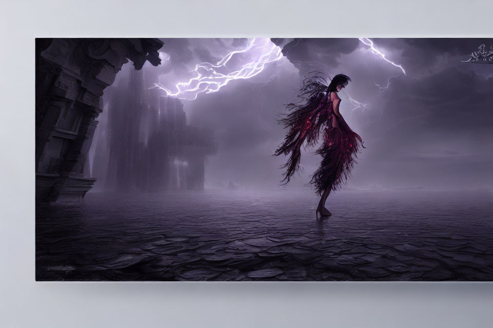 Figure with long hair in desolate landscape, lightning, waterfall, and ancient ruins.