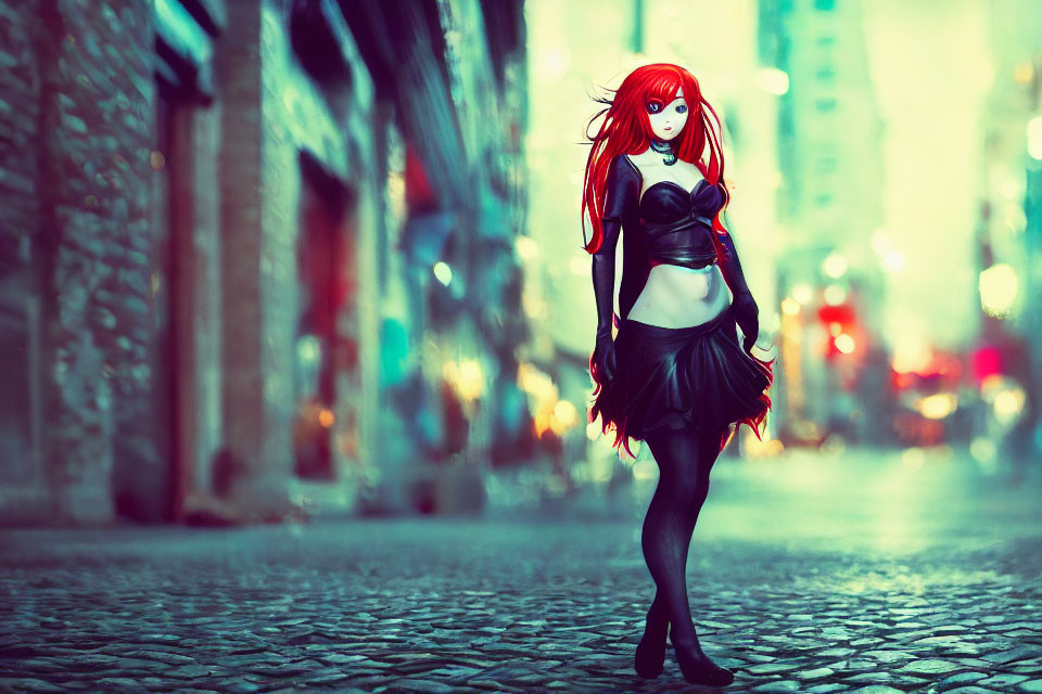 Stylized image of woman with red hair on cobblestone street