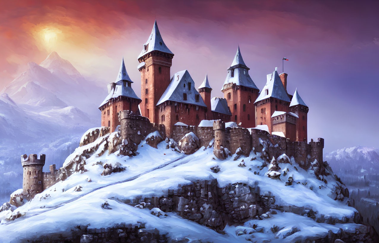 Snow-covered hill castle with spires, mountains, and setting sun glow