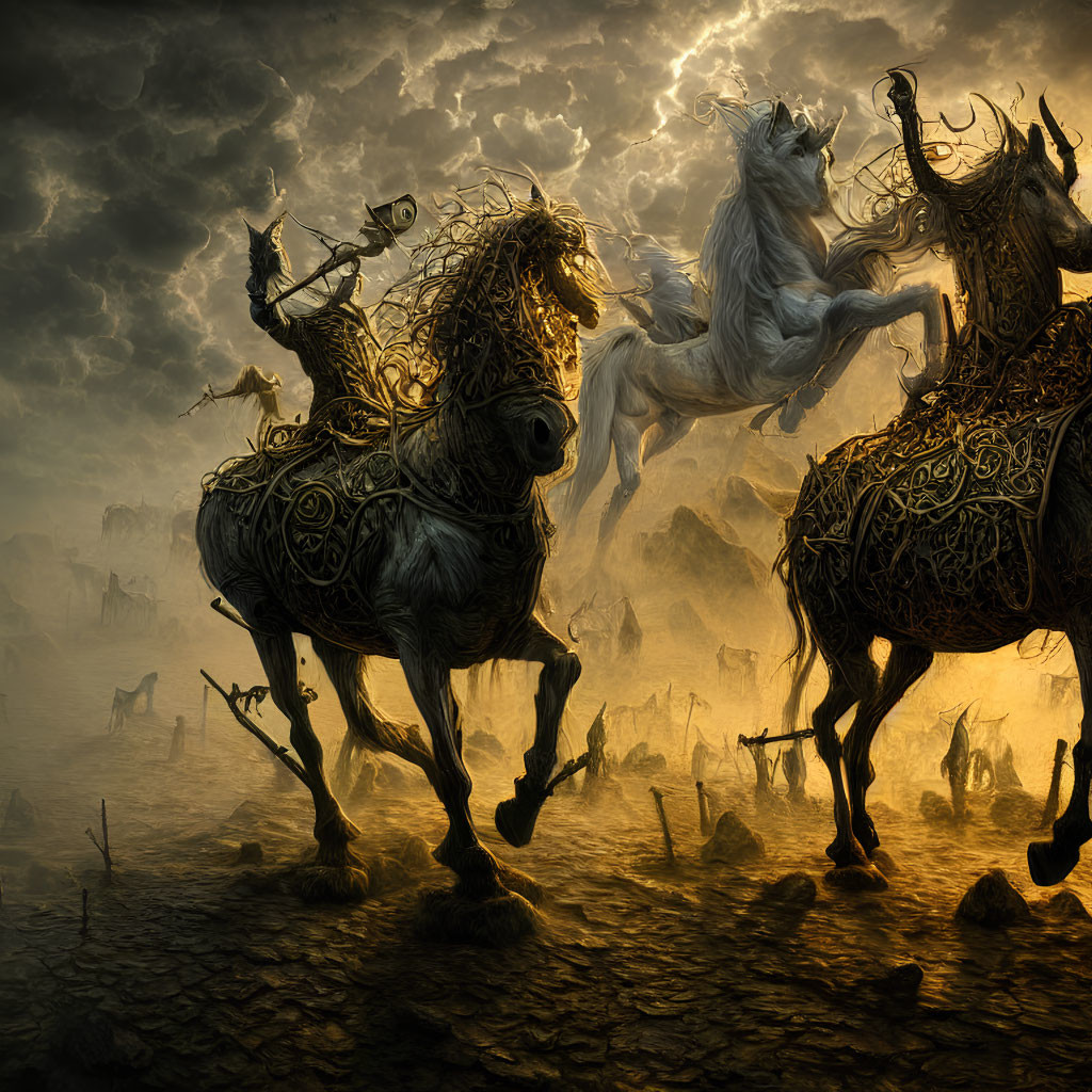 Ornately adorned horses with riders gallop in mystical, war-torn landscape