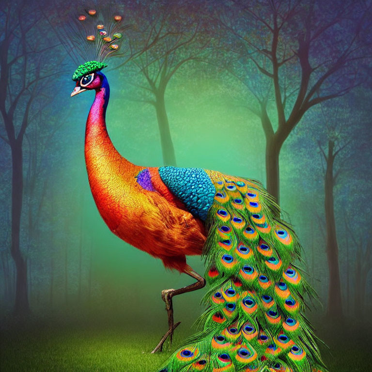 Colorful Peacock Display in Mystical Forest Setting