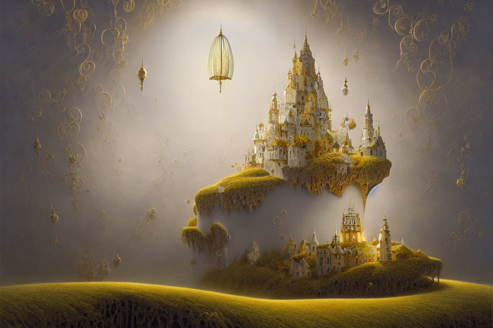 Golden palace on floating island with ornate airships in mystical sky
