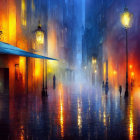 Colorful Night Street Scene with Rain and Reflections