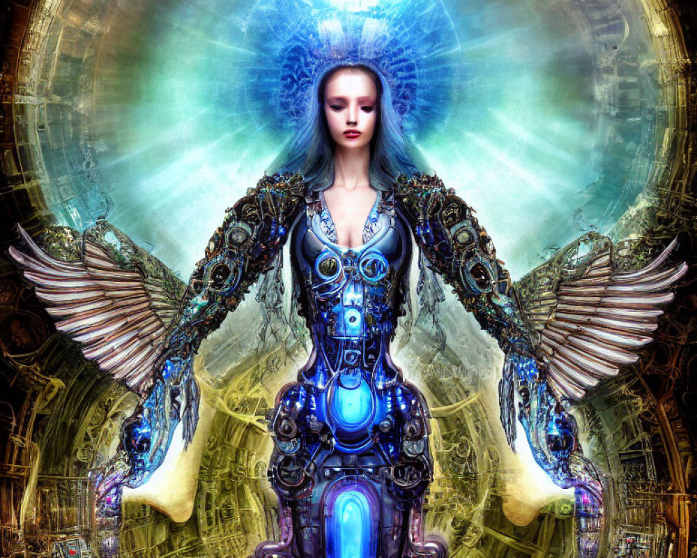 Female cyborg with mechanical wings and intricate body armor in futuristic setting with blue glow