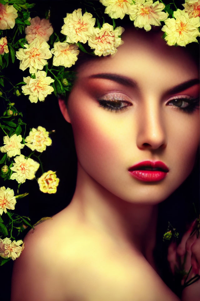Woman with Floral Wreath and Dramatic Makeup on Dark Background