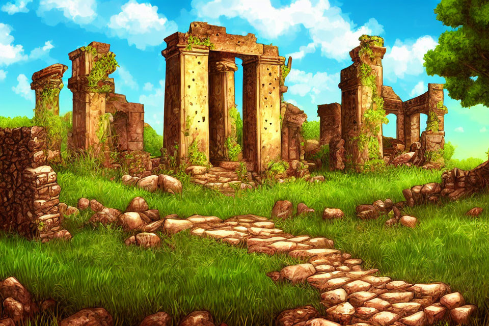 Ancient ruins illustration with stone pillars, archways, and cobblestone path in lush landscape