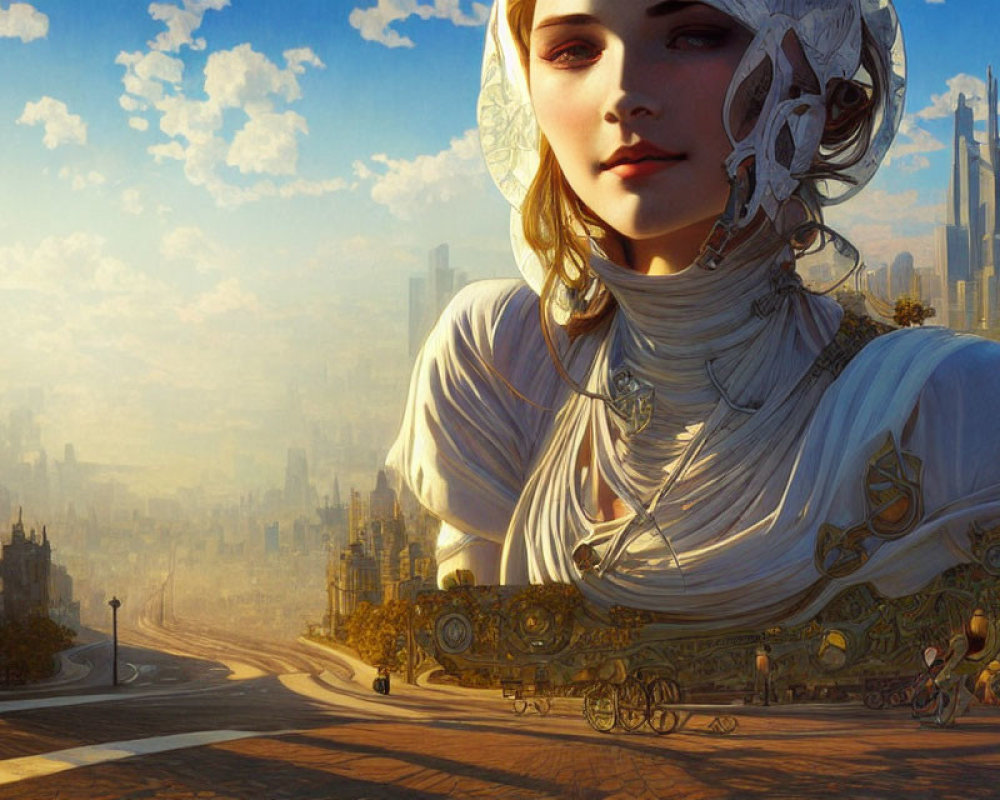 Illustrated female figure in ornate dress with white headscarf against futuristic cityscape