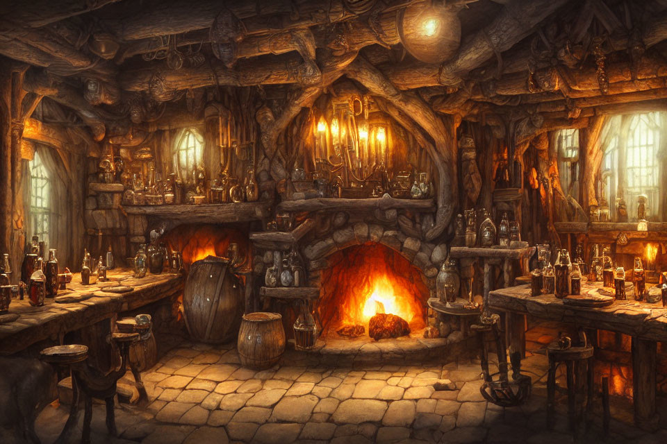 Fantasy tavern interior with fireplace, wooden tables, bottles, and candles