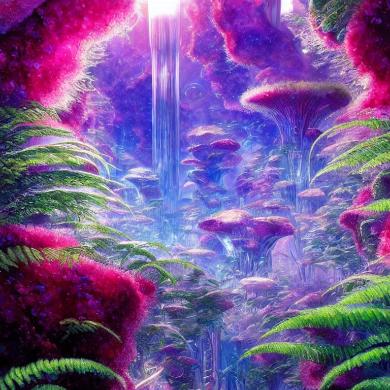 Vibrant fantasy forest with pink and purple foliage, towering mushrooms, and ethereal blue light