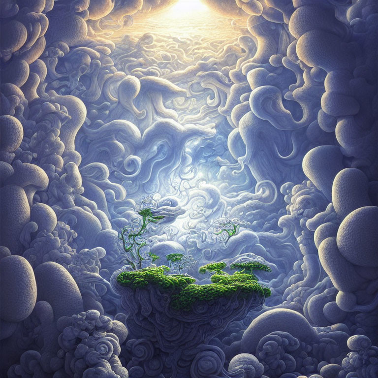 Surreal landscape with solitary tree on floating island under radiant sun
