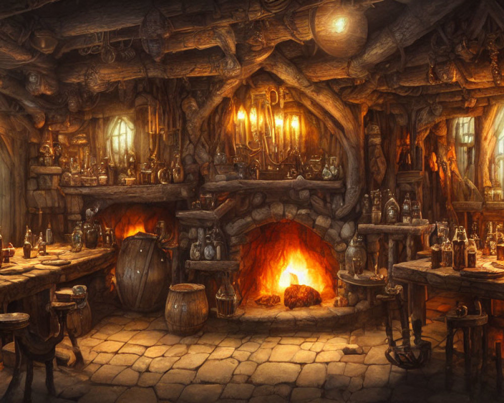 Fantasy tavern interior with fireplace, wooden tables, bottles, and candles
