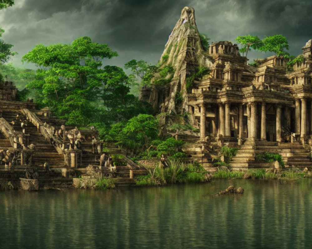 Mystical jungle landscape with ancient temple ruins by calm lake