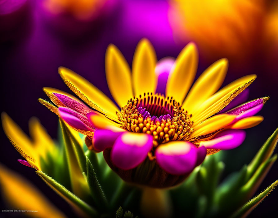 Close-up of Vibrant Daisy with Purple Center and Yellow Petals on Blurred Background