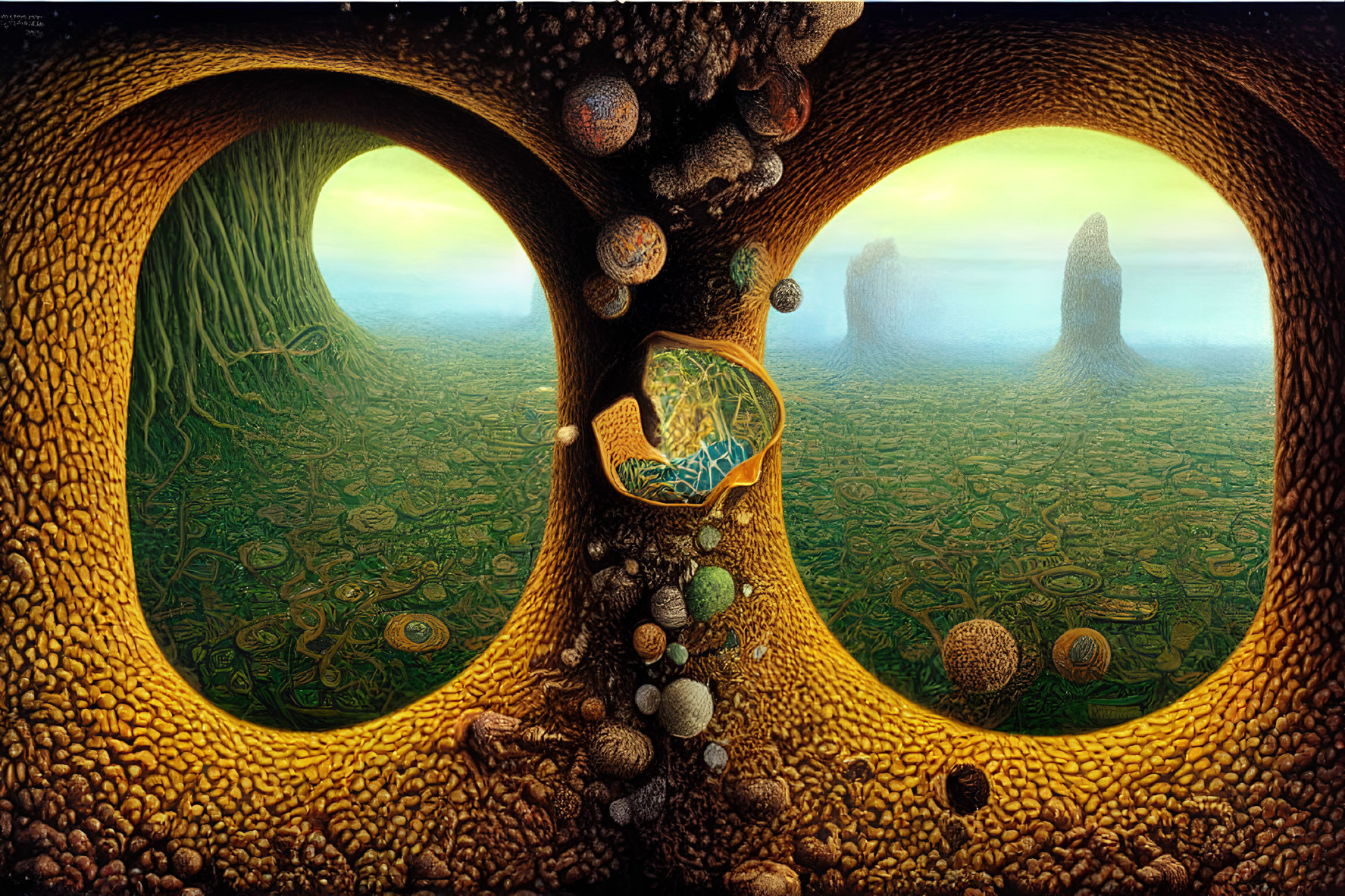 Surreal landscape featuring organic hollow structure and rock formations in distance amid verdant field.
