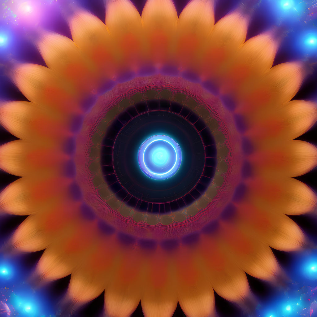 Colorful Digital Mandala with Glowing Blue Core and Orange Petals on Purple Starry Background