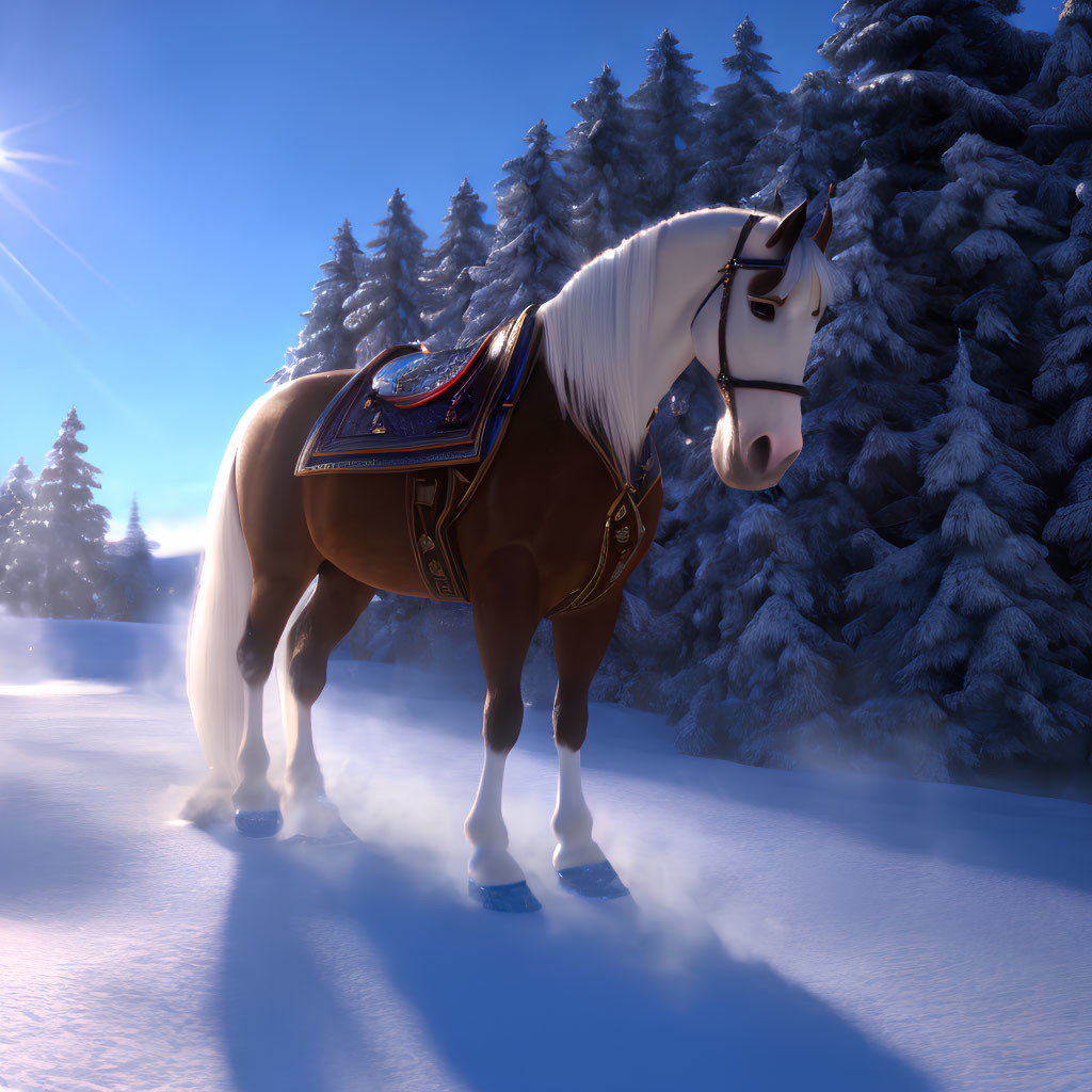 Majestic horse with decorative saddle in snowy forest with sunlight and mist.