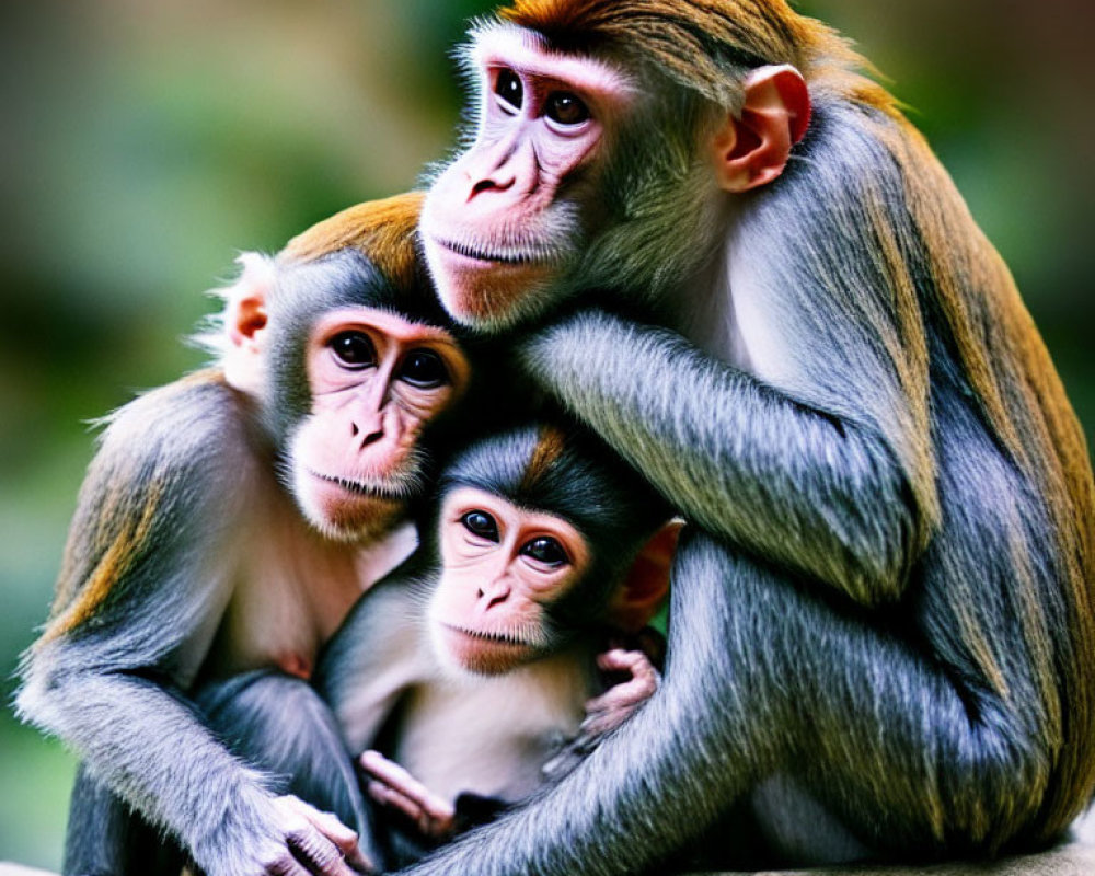 Three monkeys showing closeness and family bond