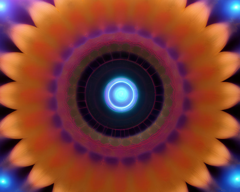 Colorful Digital Mandala with Glowing Blue Core and Orange Petals on Purple Starry Background