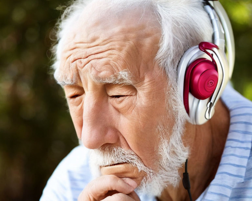 Senior man with beard in headphones, eyes closed, contemplating nature background