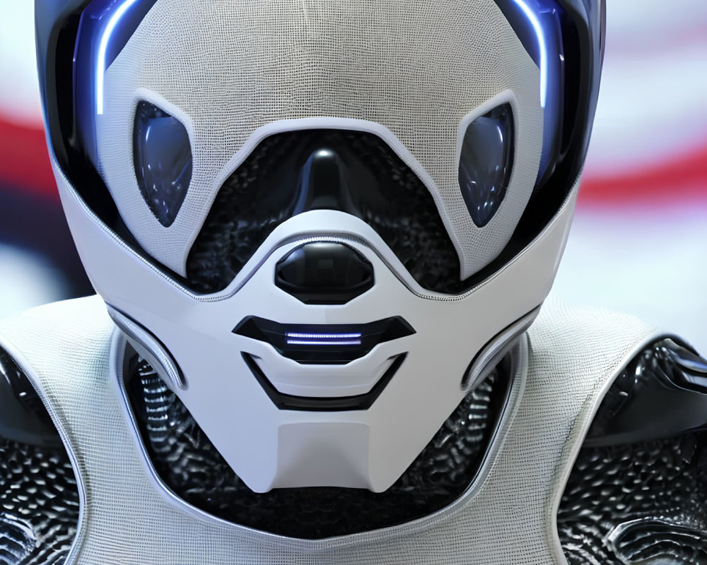 Humanoid robotic face with white and black helmet and glowing blue eyes.