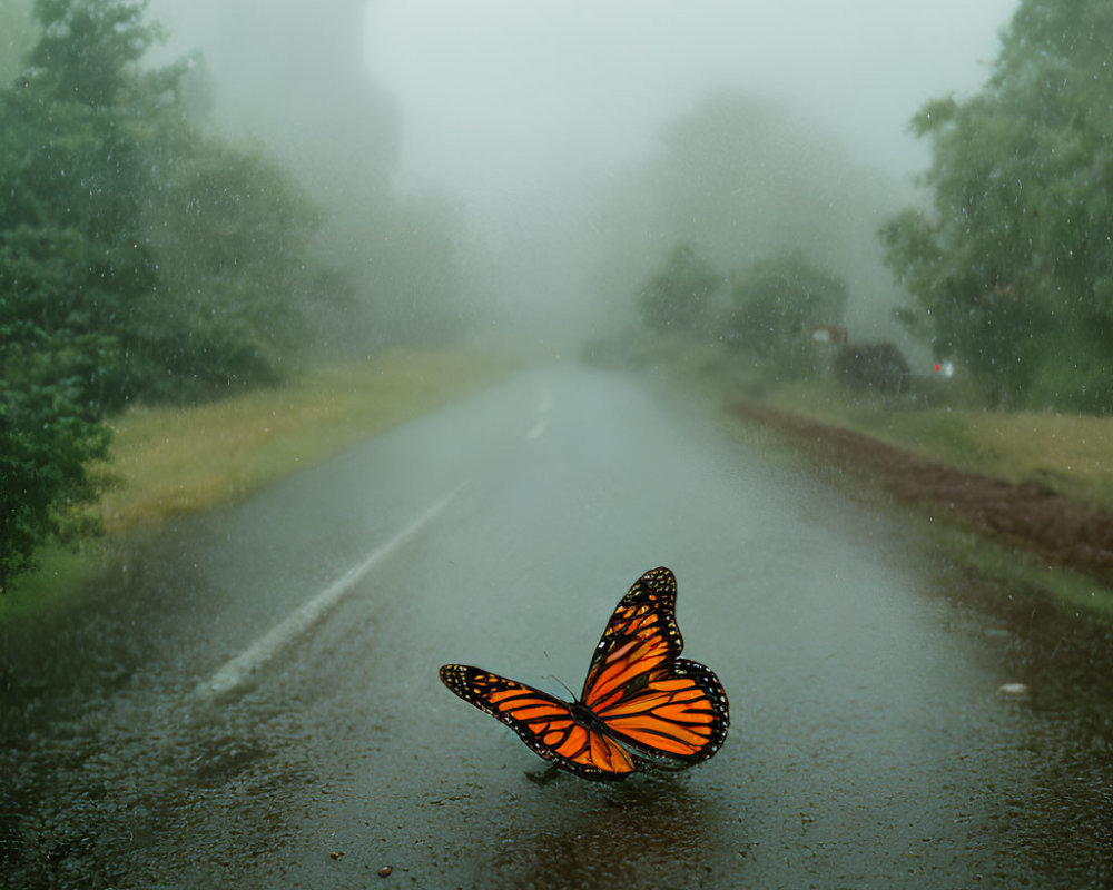 Monarch butterfly on wet road in foggy landscape