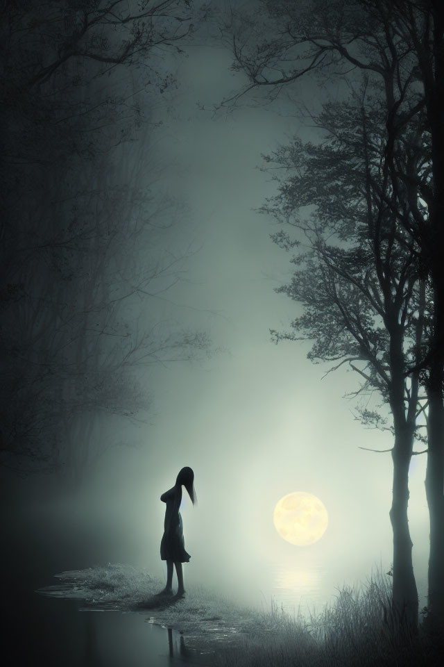 Figure by misty lake under full moon in serene nocturnal scene