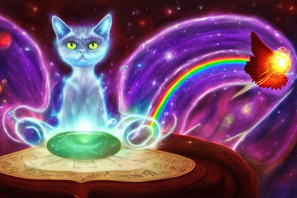 Mystical blue cat on ancient tablet in nebula with rainbow and butterfly