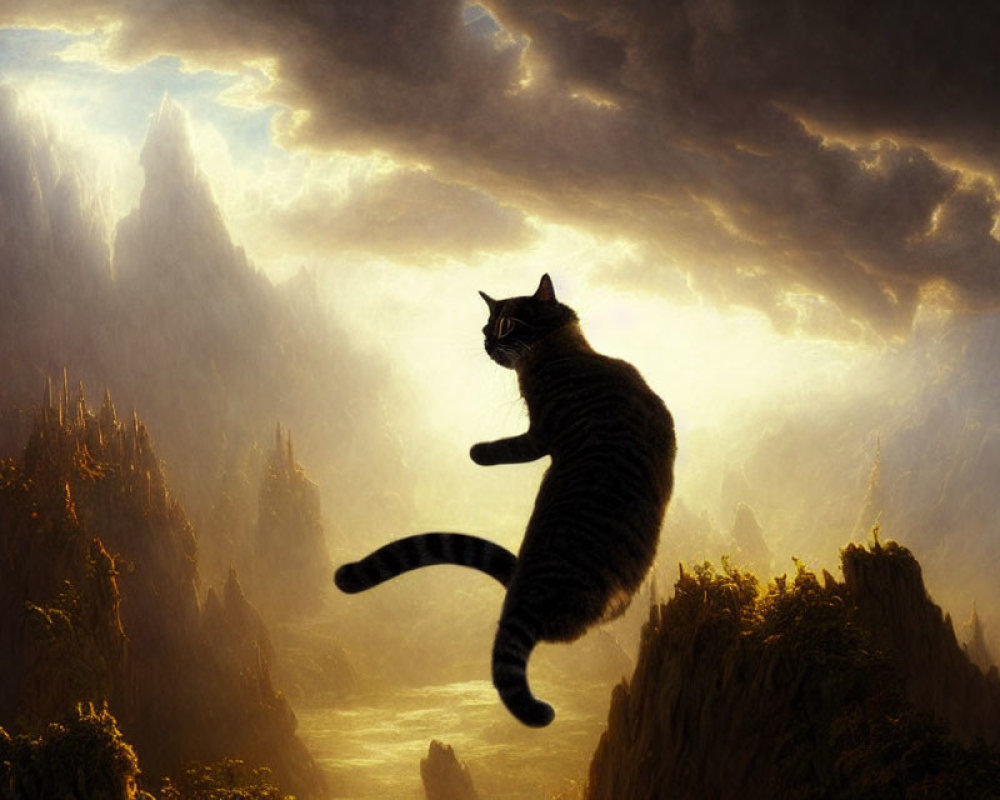Cat leaping against dramatic cliffs and valleys under overcast sky