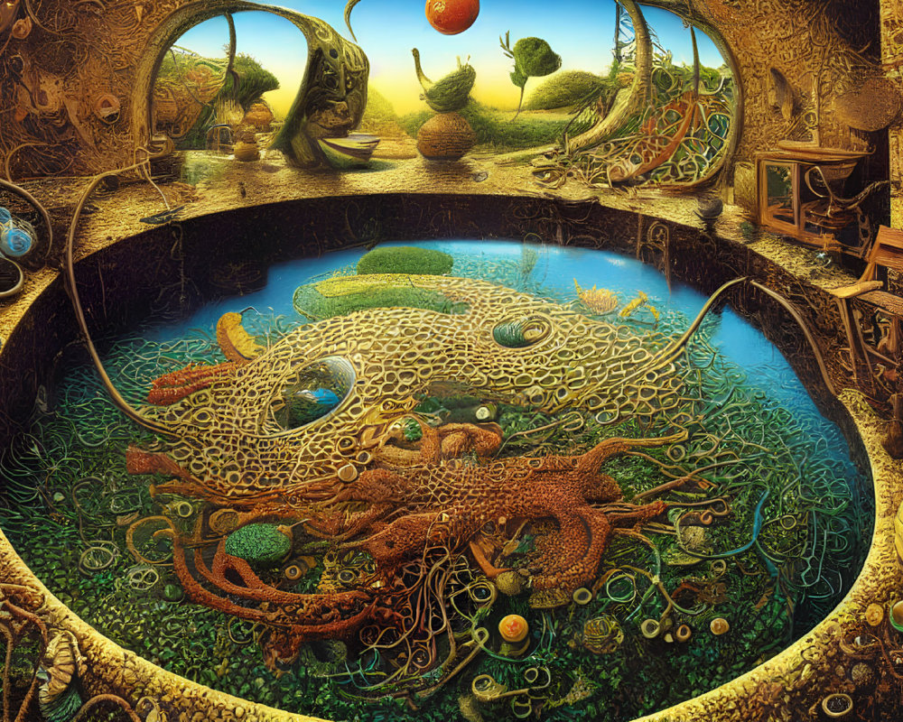 Fantasy landscape with surreal organic architecture and whimsical dragon creature