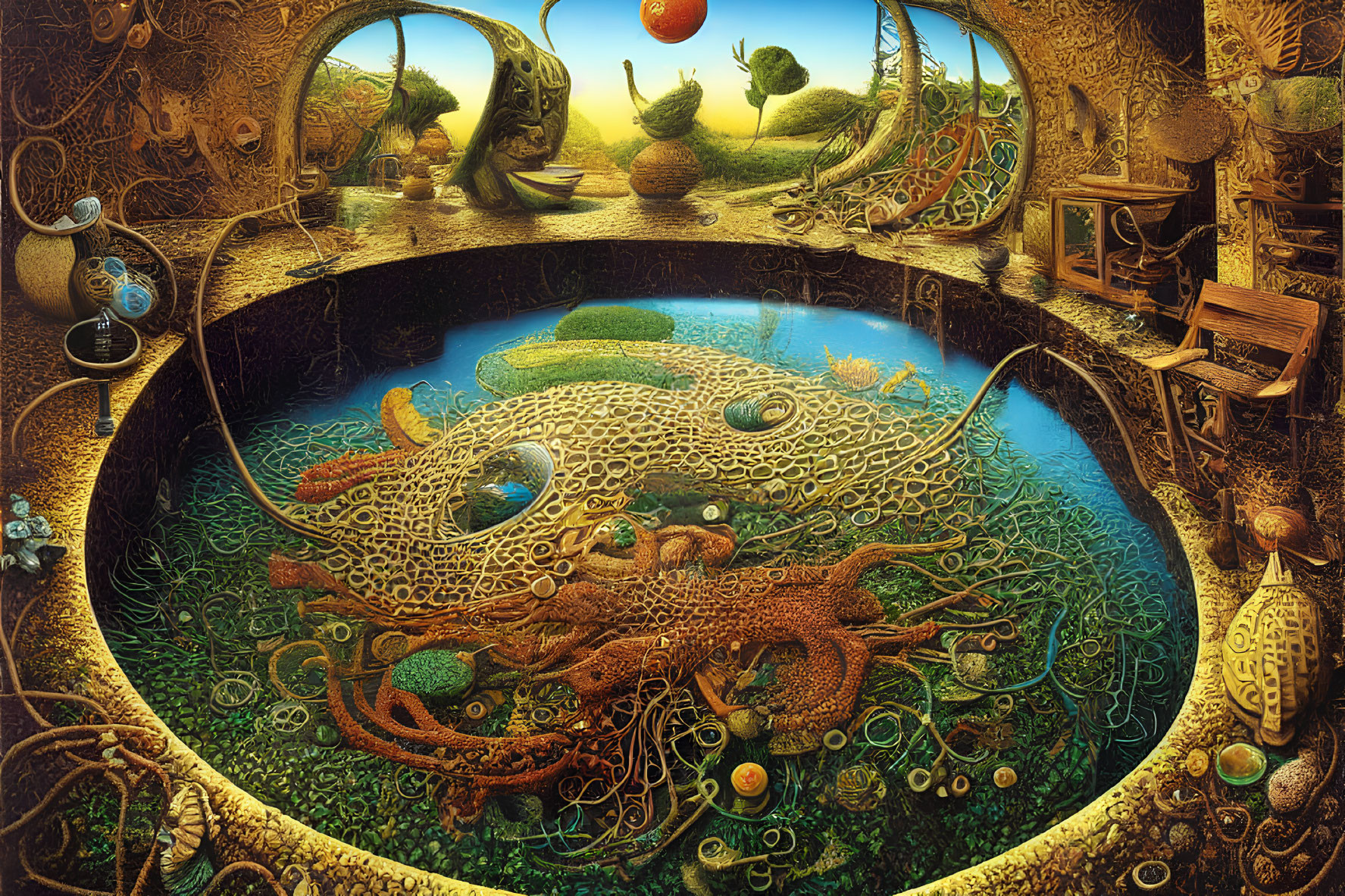 Fantasy landscape with surreal organic architecture and whimsical dragon creature
