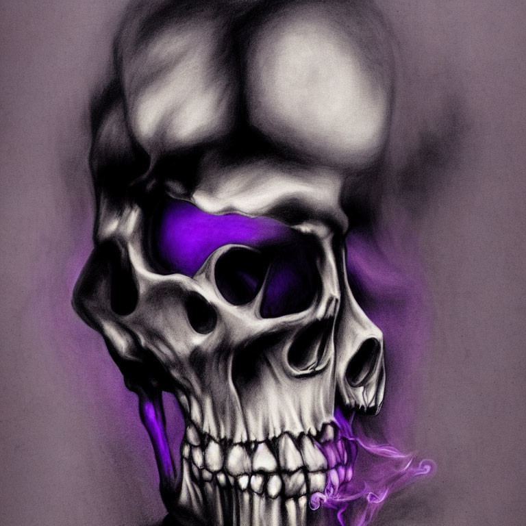 Skull with Purple Accents and Smoke on Gray Background