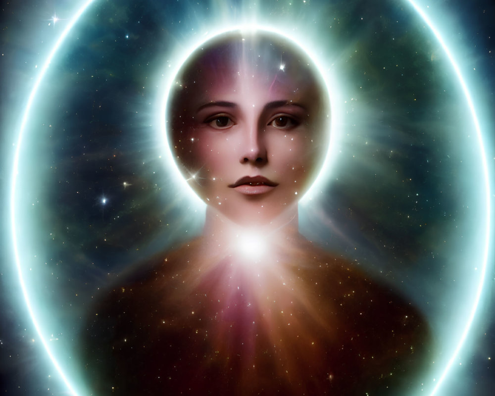 Serene person portrait with glowing halo on cosmic background