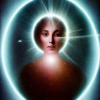 Serene person portrait with glowing halo on cosmic background
