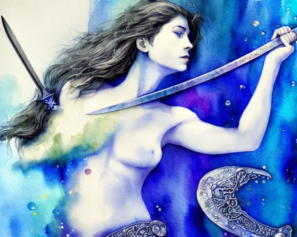 Fantastical warrior woman watercolor illustration with sword