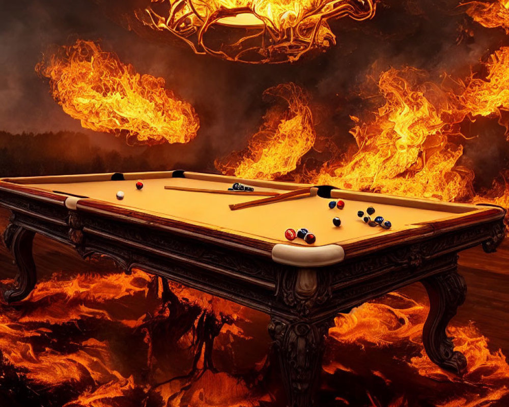 Billiard table with cues and balls against fiery lava backdrop