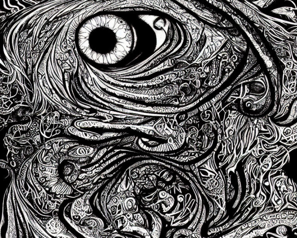 Detailed Black and White Abstract Drawing with Prominent Eye and Swirling Patterns