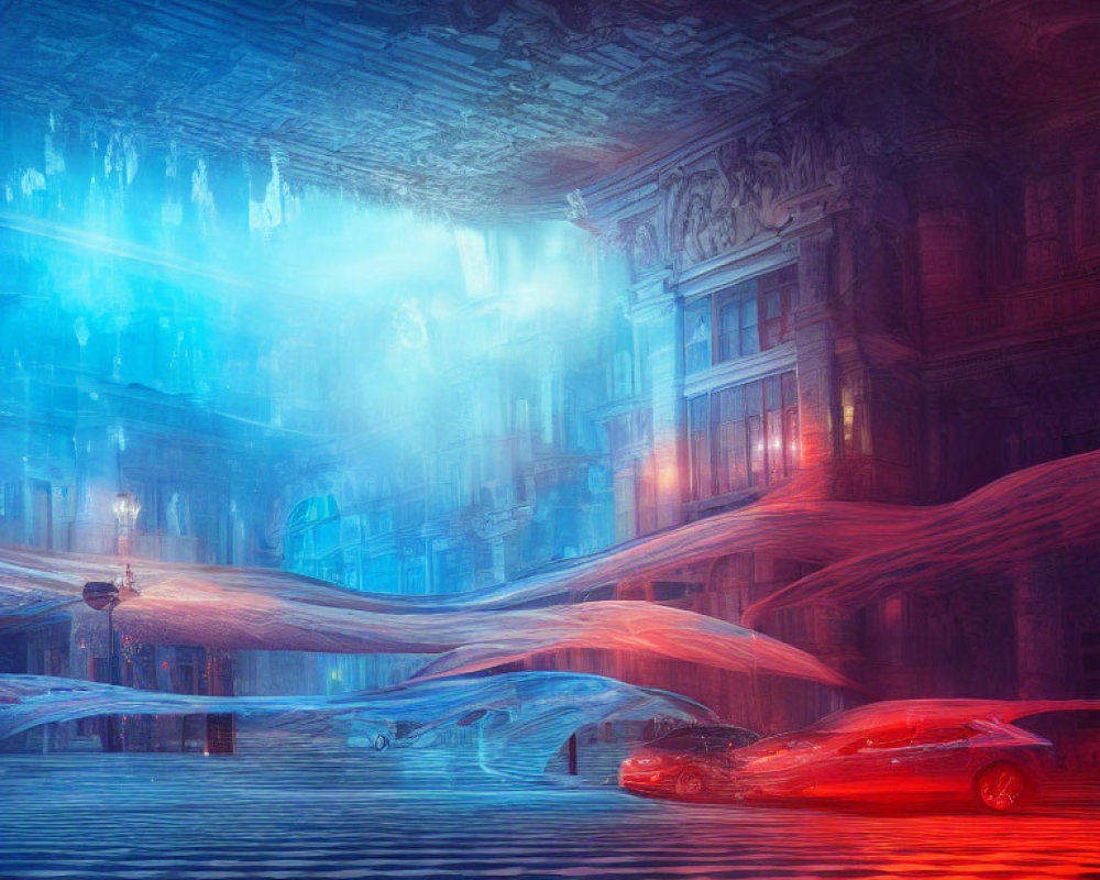 Futuristic cityscape with blue lights, red energy ribbons, checkerboard flooring, sleek vehicles
