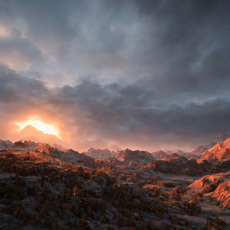 Dramatic sunset over rugged mountain landscape