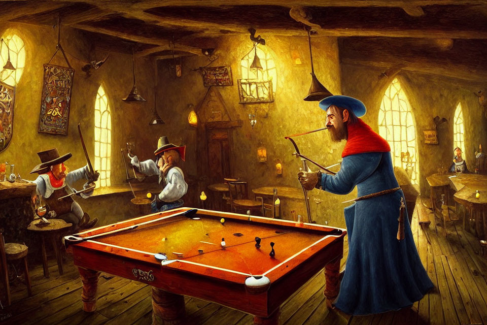 Whimsical medieval tavern scene with anthropomorphic animals playing billiards.