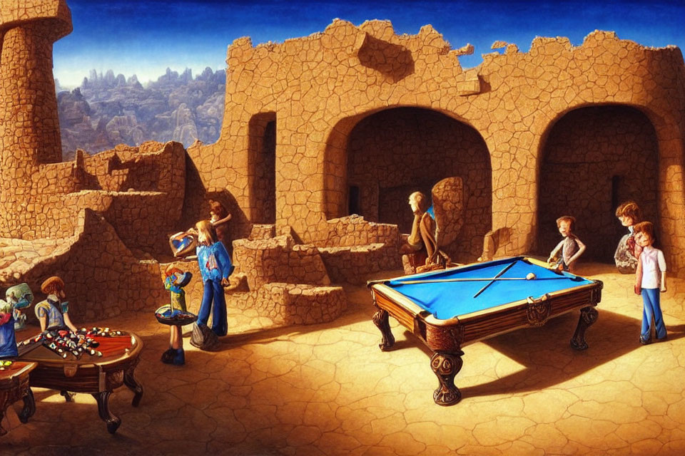 Surreal painting of vintage-dressed individuals playing pool outdoors