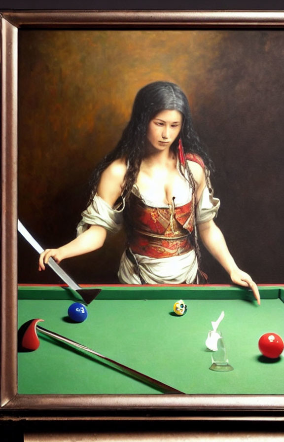Realistic painting of woman in corseted dress playing billiards